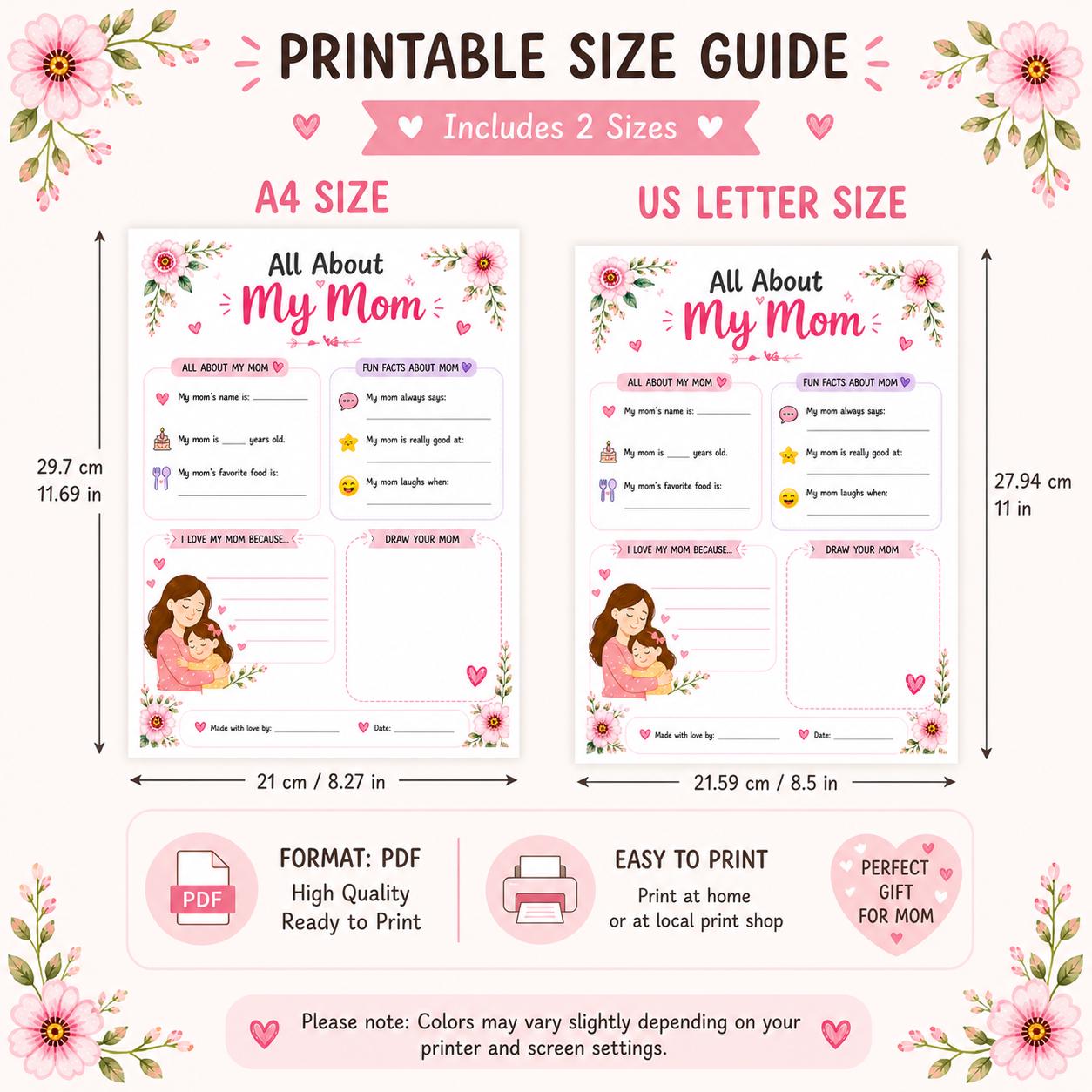 All About My Mom Printable Worksheet | Mother's Day Kids Activity (Instant Download PDF)