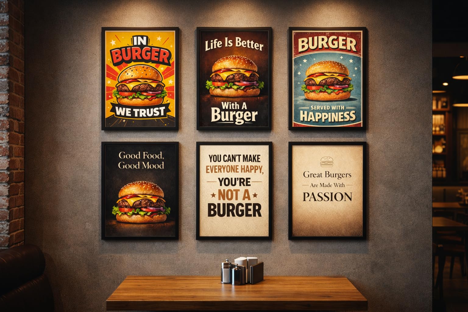 Uryans - Let's Upgrade Together Burger Cafe Wall Art Set of 6 A4 Framed Posters | Ready to Hang Restaurant & Cafe Wall Decor | Premium Burger Quotes & Food Typography Frames | Modern Wall Decoration