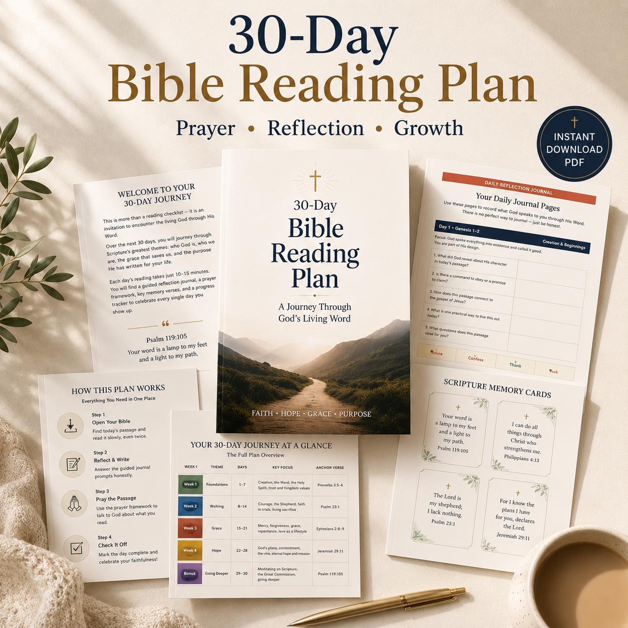 30-Day Bible Reading Plan, Scripture Study Journal, Prayer Guide (Instant Download)