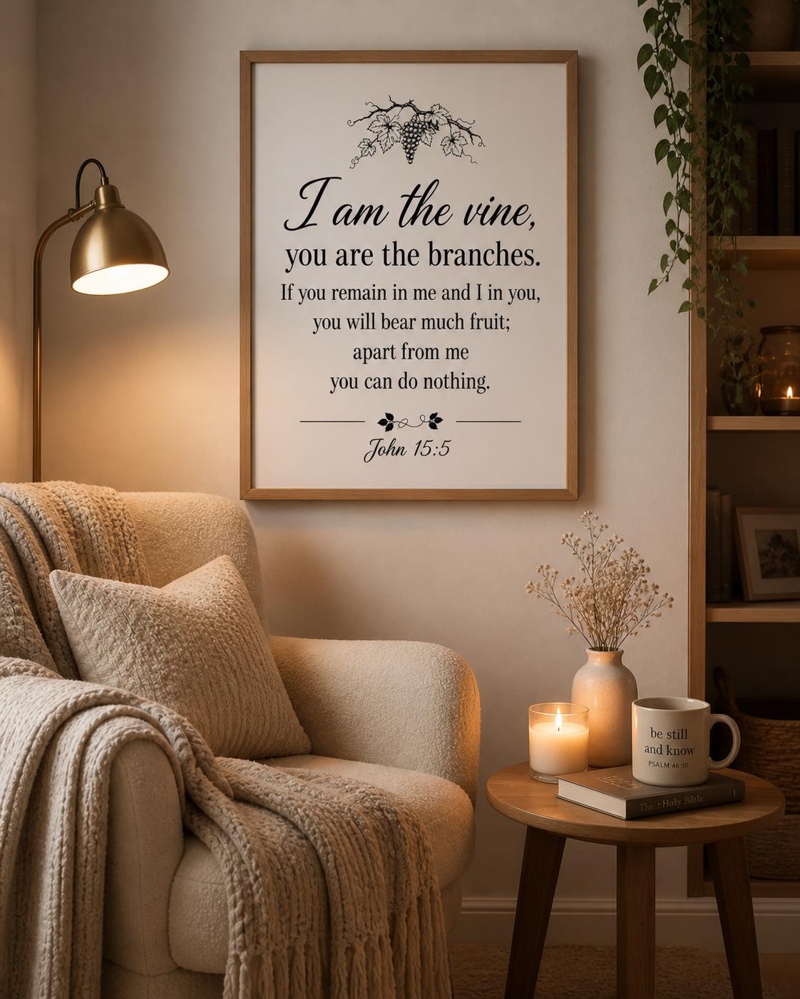 John 15:5 Bible Verse Wall Art, Minimalist Christian Scripture Print (Digital Download)