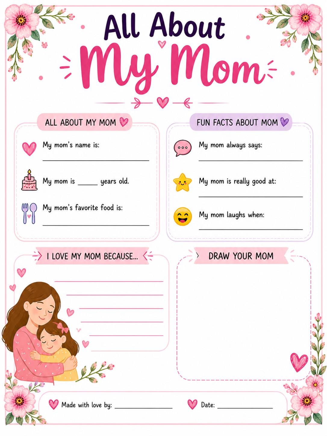 All About My Mom Printable Worksheet | Mother's Day Kids Activity (Instant Download PDF)