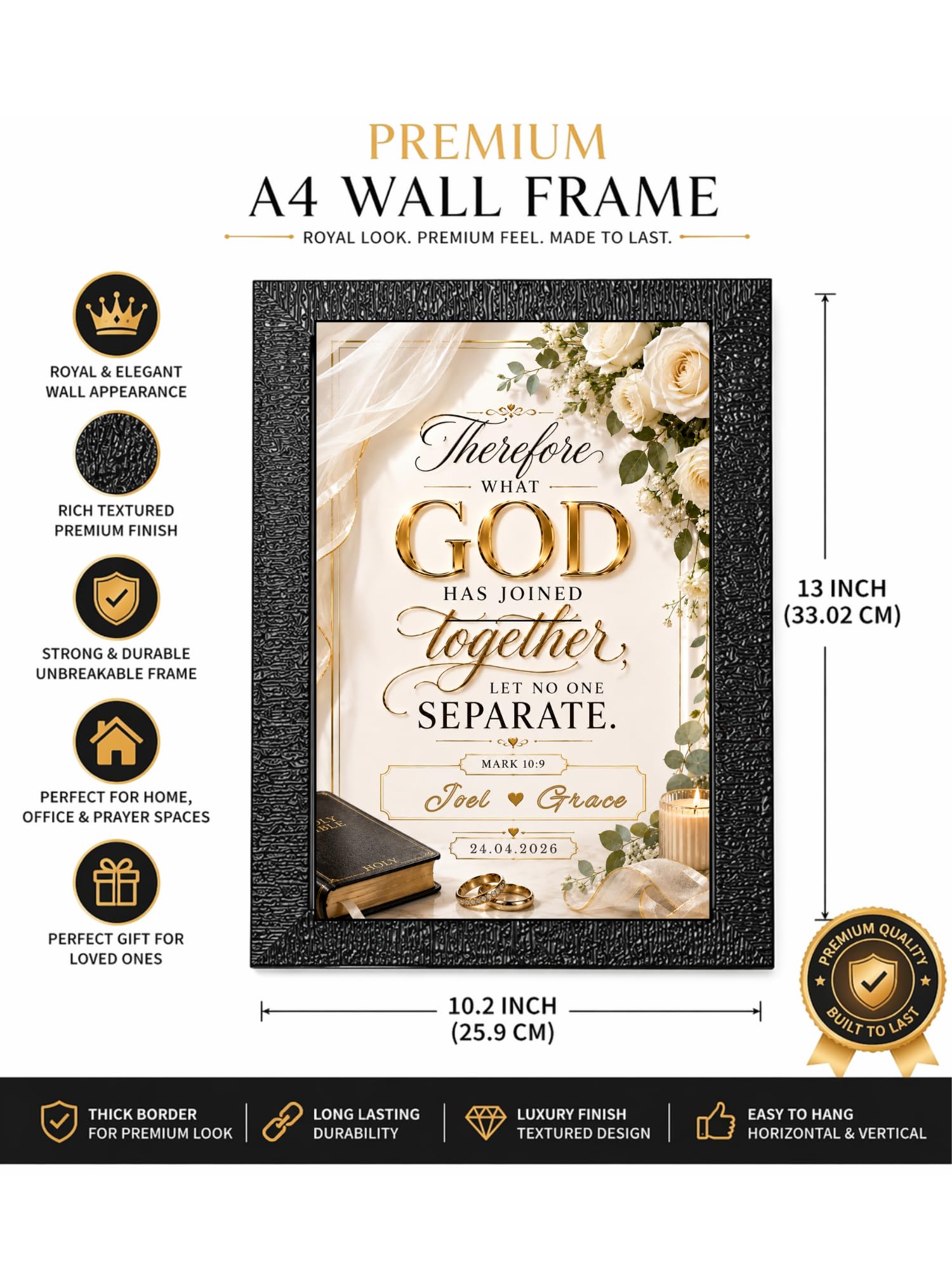 Premium Personalized Wedding Wall Frame for Couples (Mark 10-9) | Custom Name & Date Frame | Elegant Christian Marriage Quote Wall Decor | A4 Textured Frame for Bedroom, Home & Wedding Gift