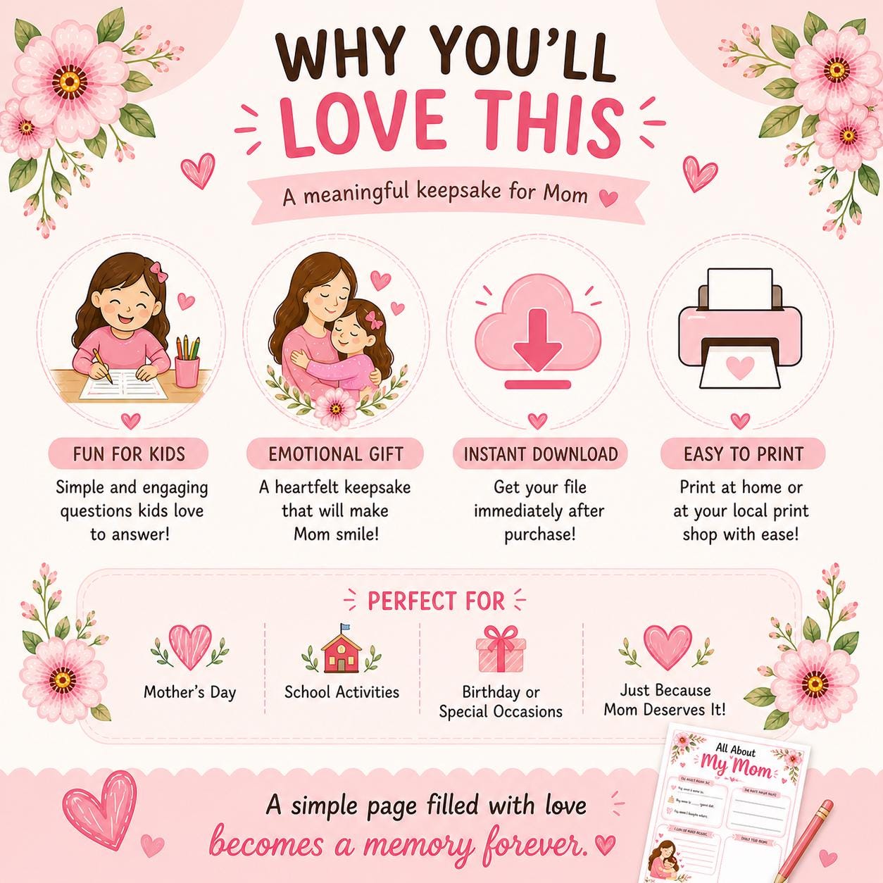 All About My Mom Printable Worksheet | Mother's Day Kids Activity (Instant Download PDF)
