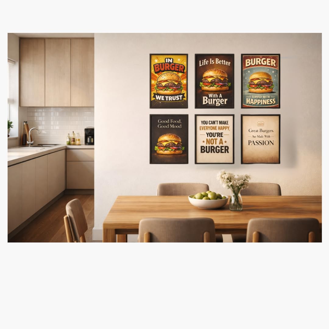 Uryans - Let's Upgrade Together Burger Cafe Wall Art Set of 6 A4 Framed Posters | Ready to Hang Restaurant & Cafe Wall Decor | Premium Burger Quotes & Food Typography Frames | Modern Wall Decoration