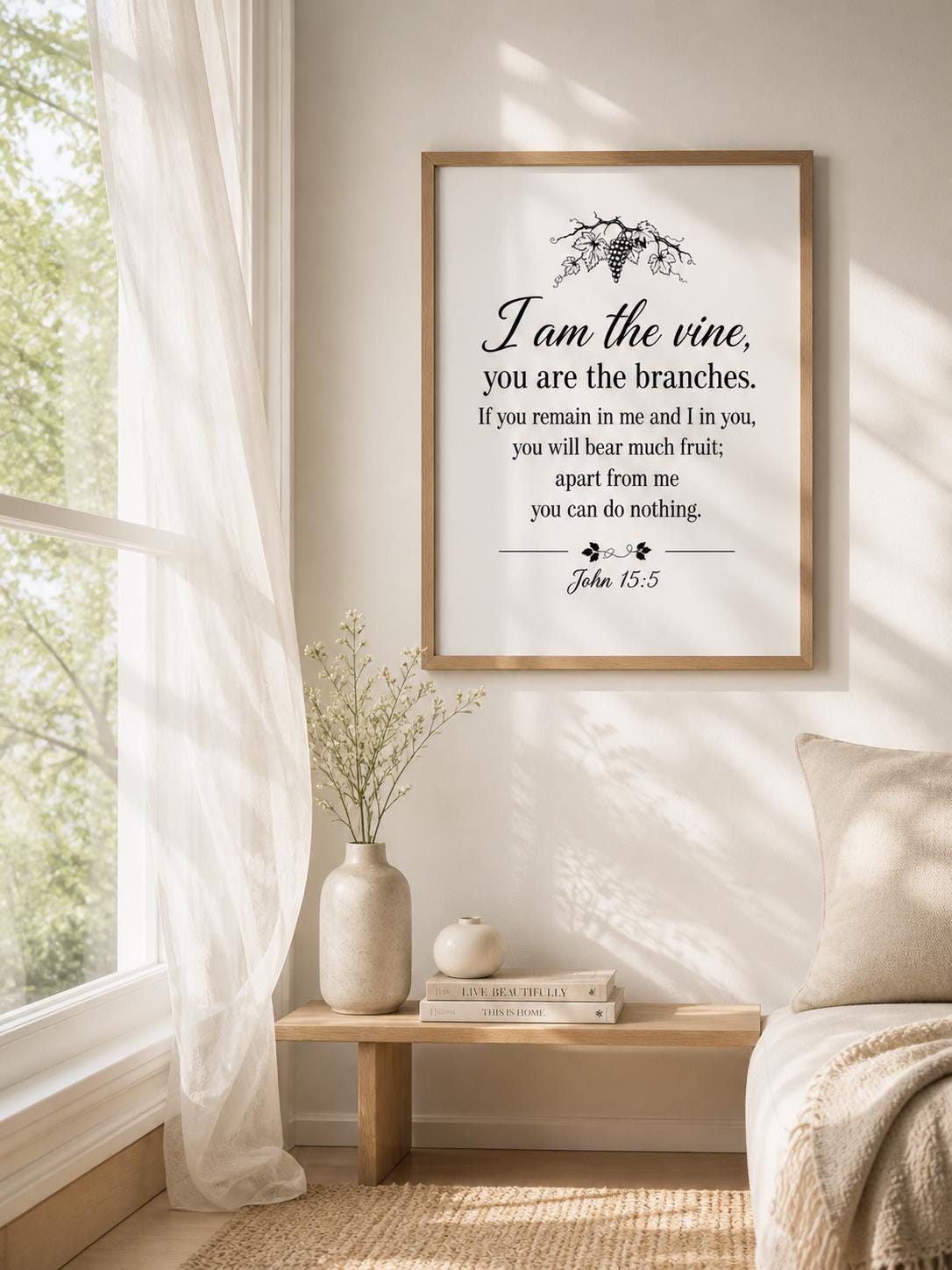 John 15:5 Bible Verse Wall Art, Minimalist Christian Scripture Print (Digital Download)