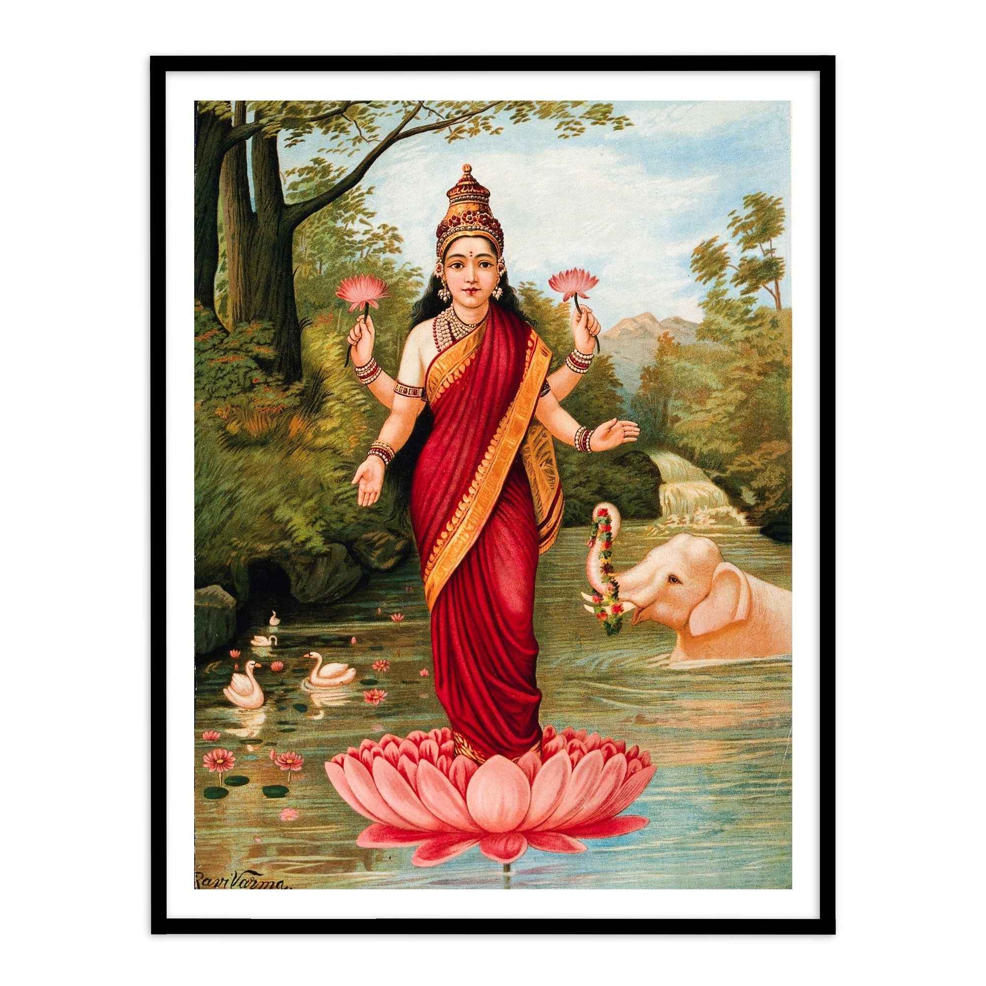 Lakshmi on her Lotus by Raja Ravi Varma | Wall Art Painting