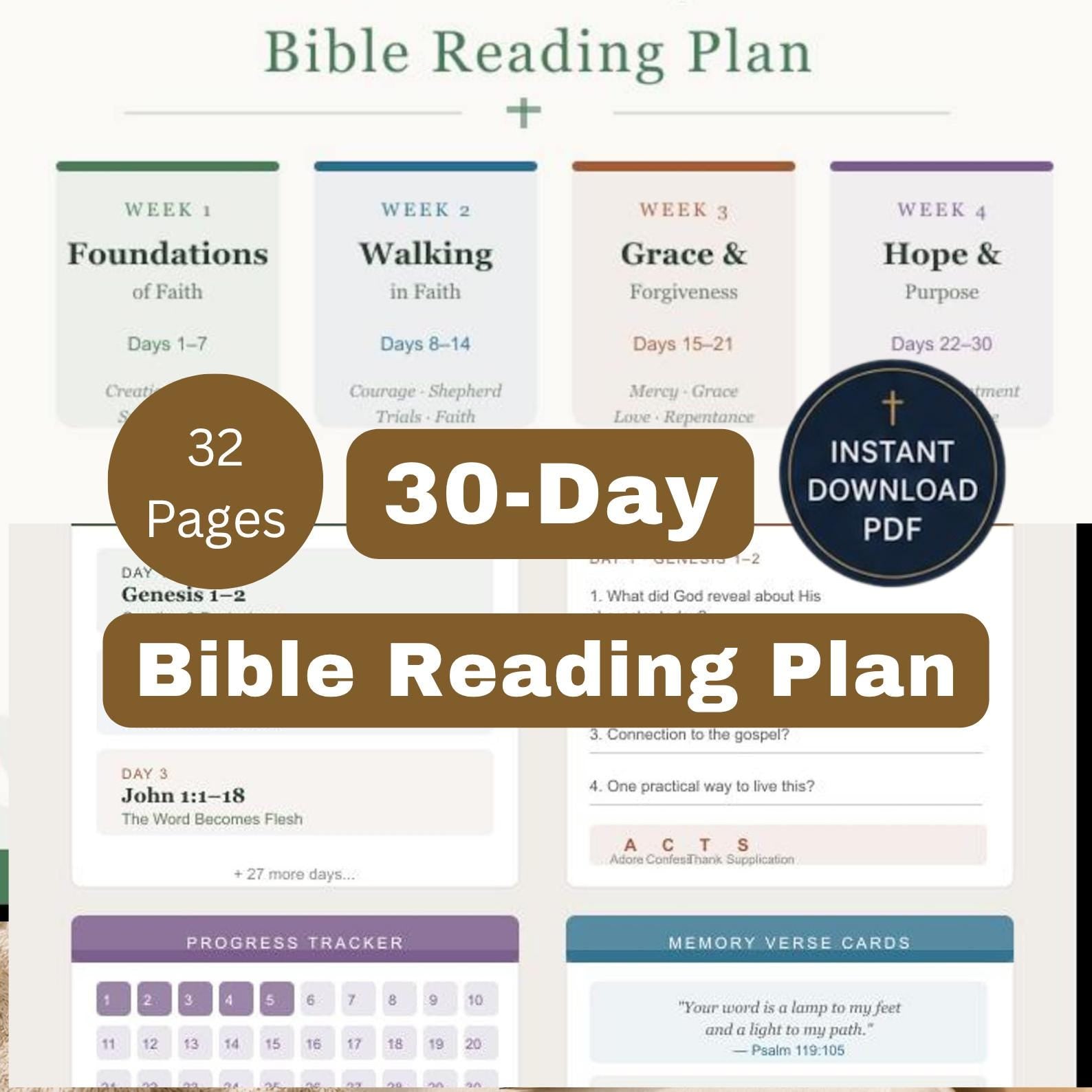 30-Day Bible Reading Plan, Scripture Study Journal, Prayer Guide (Instant Download)