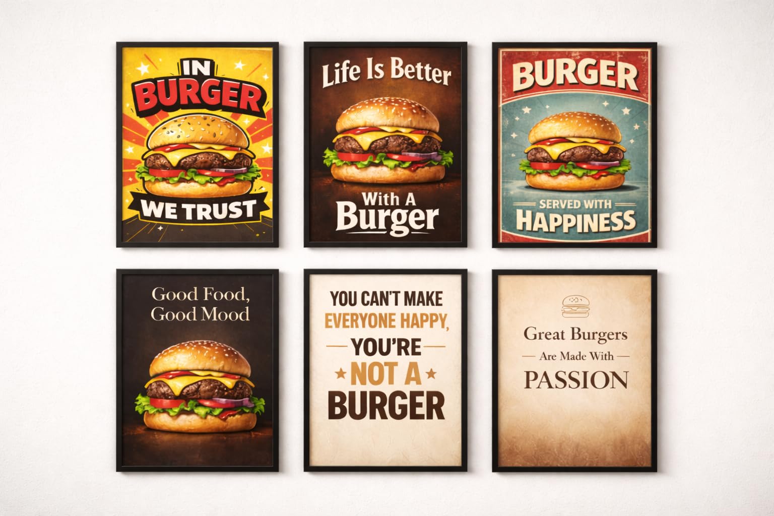 Uryans - Let's Upgrade Together Burger Cafe Wall Art Set of 6 A4 Framed Posters | Ready to Hang Restaurant & Cafe Wall Decor | Premium Burger Quotes & Food Typography Frames | Modern Wall Decoration