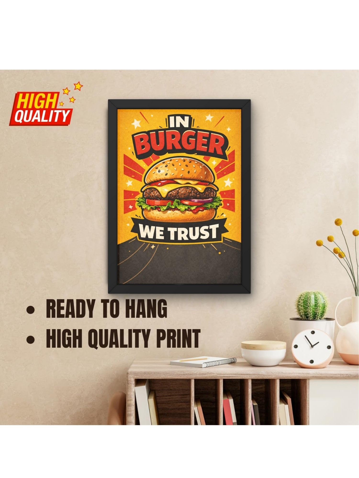 Uryans - Let's Upgrade Together Burger Cafe Wall Art Set of 6 A4 Framed Posters | Ready to Hang Restaurant & Cafe Wall Decor | Premium Burger Quotes & Food Typography Frames | Modern Wall Decoration