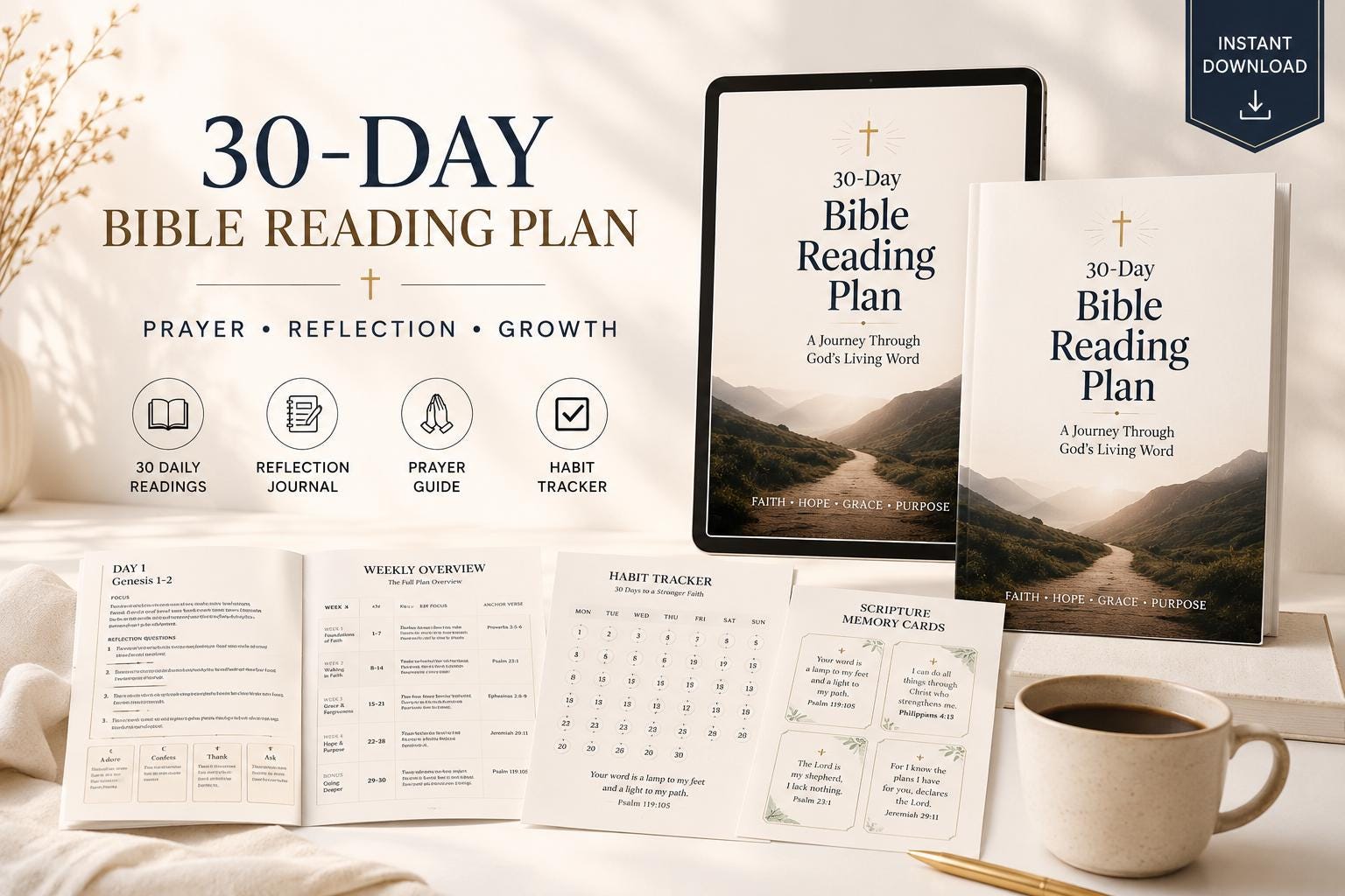 30-Day Bible Reading Plan, Scripture Study Journal, Prayer Guide (Instant Download)