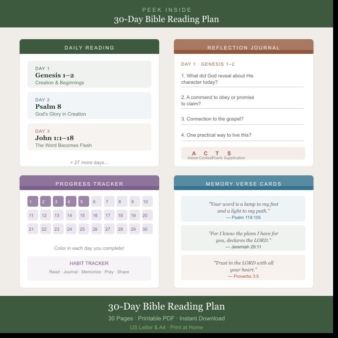 30-Day Bible Reading Plan, Scripture Study Journal, Prayer Guide (Instant Download)