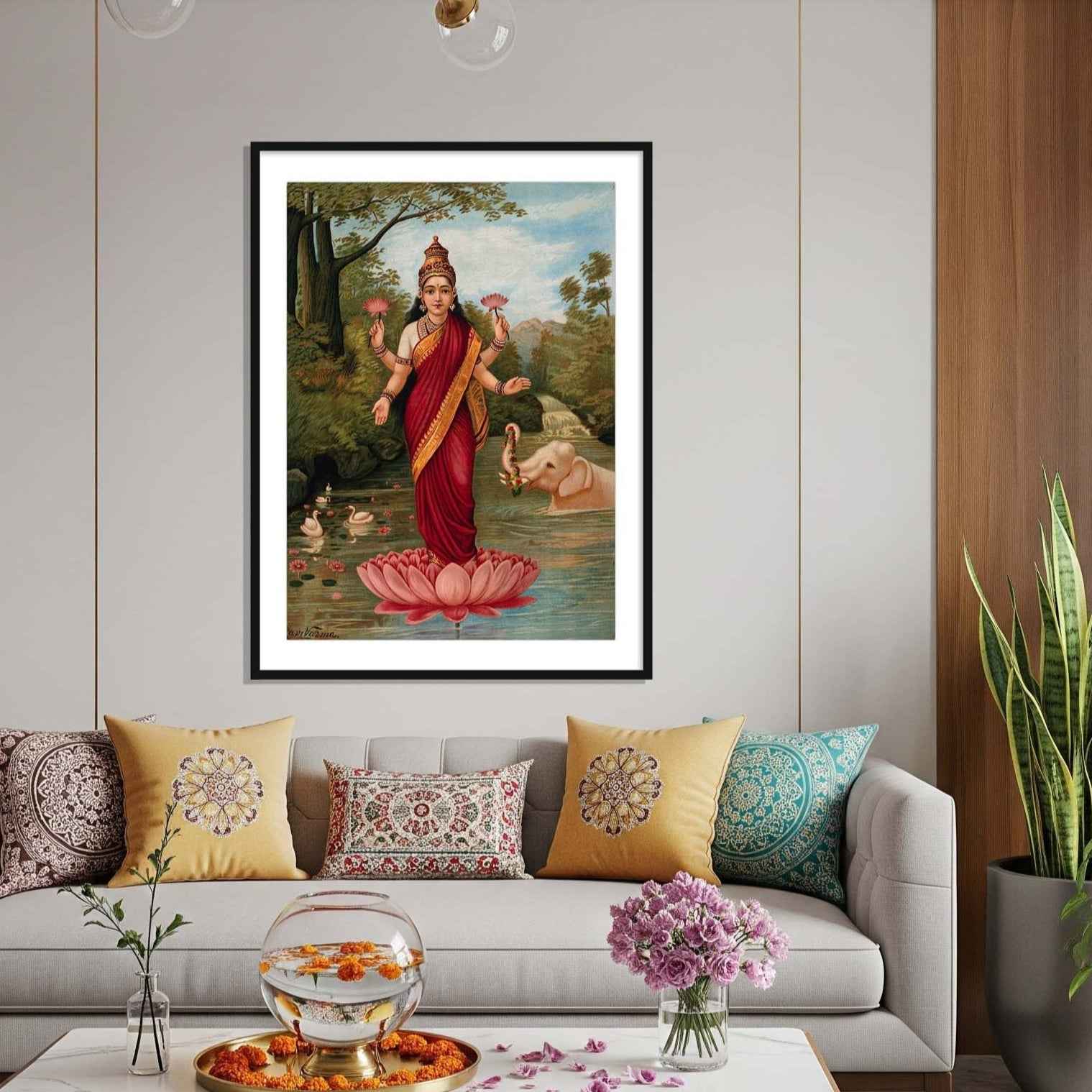 Lakshmi on her Lotus by Raja Ravi Varma | Wall Art Painting